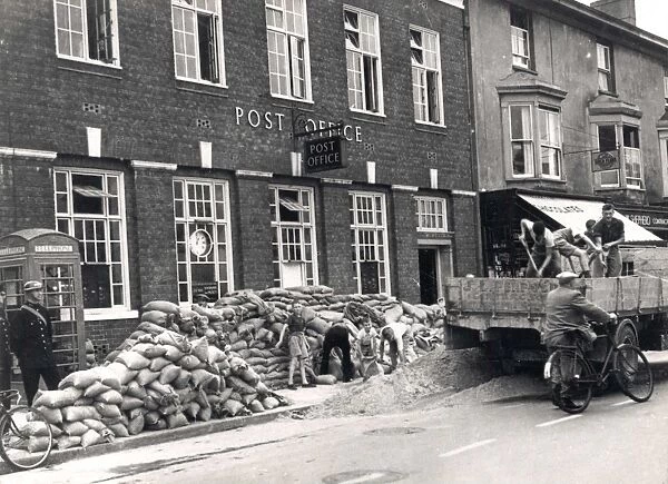 Sandbags being laid outside Post Office, Bognor, 1939