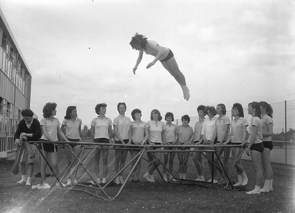 School girls using the trampoline, 16 May 1963