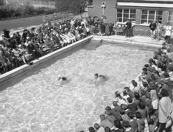 Two swimmers in the pool, with crowds looking on