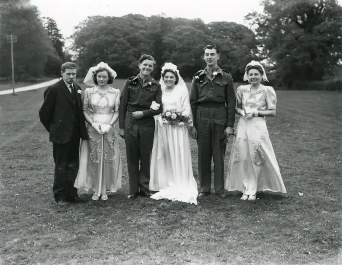Framed Print : Wedding party at Ebernoe, Sussex. Groom and Best Man in army uniform, 1940s Framed Print : Wedding party at Ebernoe, Sussex. Groom and Best Man in army uniform, 1940s