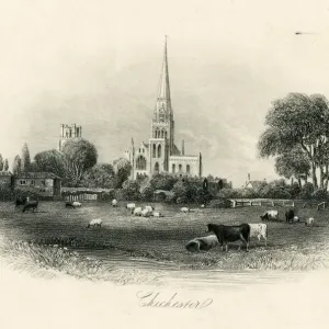 Engraving of Chichester viewed from West, 19th Century Engraving of Chichester viewed from West, 19th Century