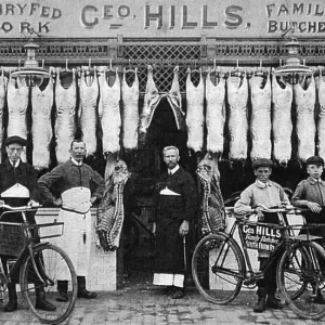 George Alfred Hills outside his butchers shop, Worthing, c1905 George Alfred Hills outside his butchers shop, Worthing, c1905