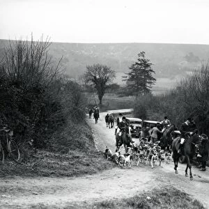 Hunting scene with dogs, horses and cars in Sussex
