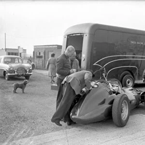 Inspecting the racing car, March 1956
