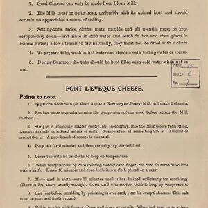 Instructions for the manufacture of soft cheese (Pont l Eveque), c1925