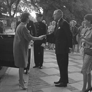 Princess Marina, Duchess of Kent, being greeted upon arrival at Chichester Festival Theatre, July 1962