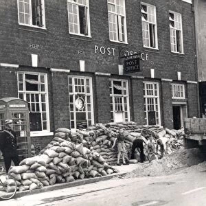 Sandbags being laid outside Post Office, Bognor, 1939