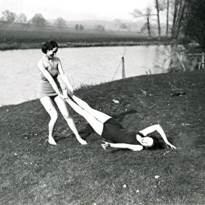 Two young ladies in swimsuits at Stopham, March 1938