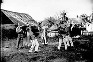 Boxgrove Tipteers, a local amateur group, in a fight scene, October 1936 Boxgrove Tipteers, a local amateur group, in a fight scene, October 1936