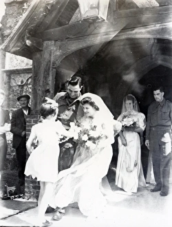 Marriage Prints: Bride and Groom outside Kirdford church, 1945