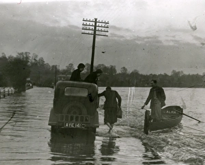 Telegraph Pole Prints: Car stuck in floods at Pulborough, December 1934