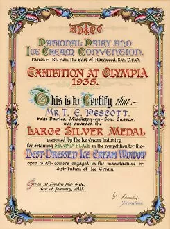 Additional Manuscript Collection: Certificate awarded to Mr T E Pescott at Olympia, 1935