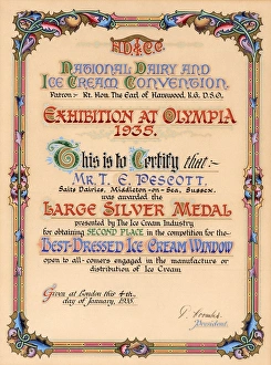 Certificate awarded to Mr T E Pescott at Olympia, 1935 Certificate awarded to Mr T E Pescott at Olympia, 1935