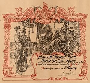 Images Dated 22nd November 2012: Discharge certificate for No. 121925 Pte Thomas Pescott, Machine Gun Corps Infantry)