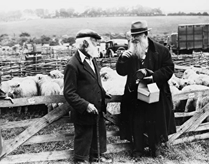 Two elderly gentlemen at Findon Sheep Fair, Sussex