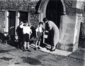 Evacuees outside church, September 1939