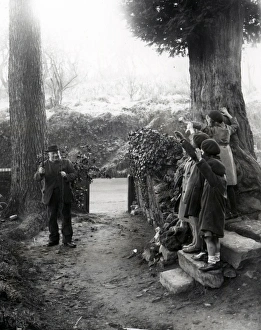 Lane Prints: Four girls waving to elderly gentleman at Upperton, Sussex. December 1935