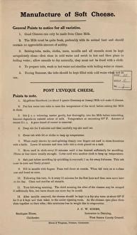 Instructions for the manufacture of soft cheese (Pont l'Eveque), c1925 Instructions for the manufacture of soft cheese (Pont l'Eveque), c1925
