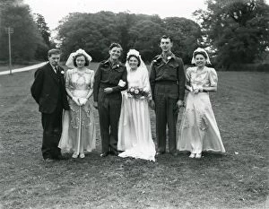 Images Dated 14th August 2013: Wedding party at Ebernoe, Sussex. Groom and Best Man in army uniform, 1940s