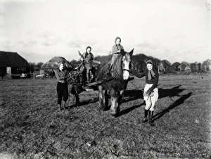 Four young girls with carthorse pulling a cart, December 1941 Four young girls with carthorse pulling a cart, December 1941