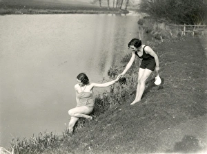 Two young ladies attempting to swim in river at Stopham, March 1938 Two young ladies attempting to swim in river at Stopham, March 1938