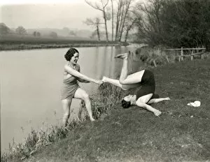 Images Dated 3rd October 2014: Young ladies doing gymnastics on riverbank at Stopham, March 1938