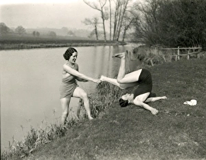 Young ladies doing gymnastics on riverbank at Stopham, March 1938 Young ladies doing gymnastics on riverbank at Stopham, March 1938