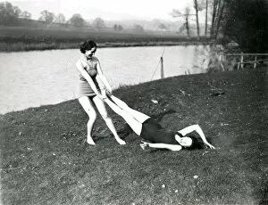 Images Dated 3rd October 2014: Two young ladies in swimsuits at Stopham, March 1938