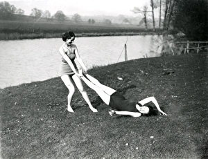 Water Prints: Two young ladies in swimsuits at Stopham, March 1938